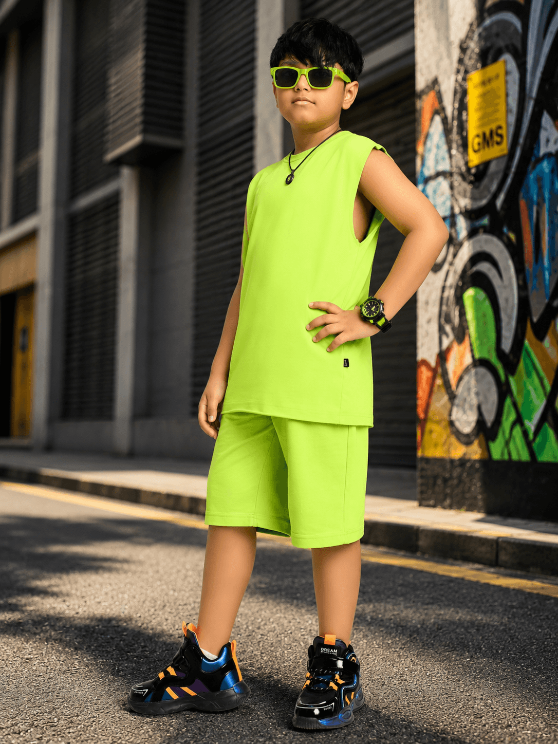 NEON RUSH SHORTS FOR BOYS GIRLS NEON GREEN worn by a young boy posing confidently in vibrant neon green outfit.