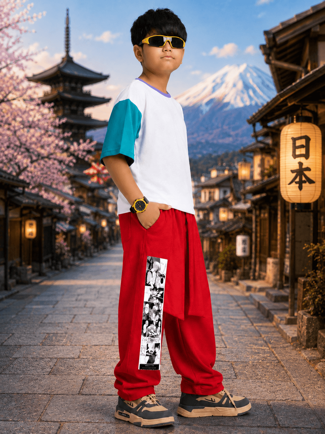 CHILL JOGGER FOR BOYS GIRLS RED worn by a boy in a stylish urban setting, showcasing sporty streetwear fashion.
