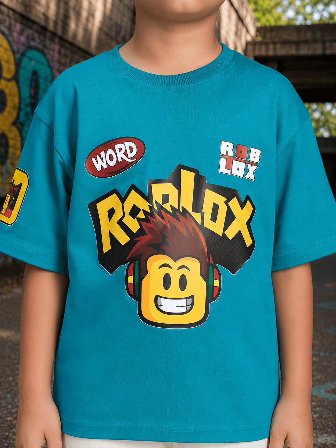 JUNIOR CO-ORD FOR BOYS GIRLS BLUE WHITE featuring a vibrant blue Roblox graphic tee for kids.