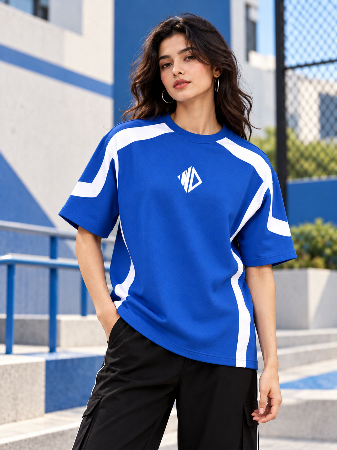 WOMEN RUGBY OVER-SIZED T-SHIRT ROYAL BLUE WHITE
