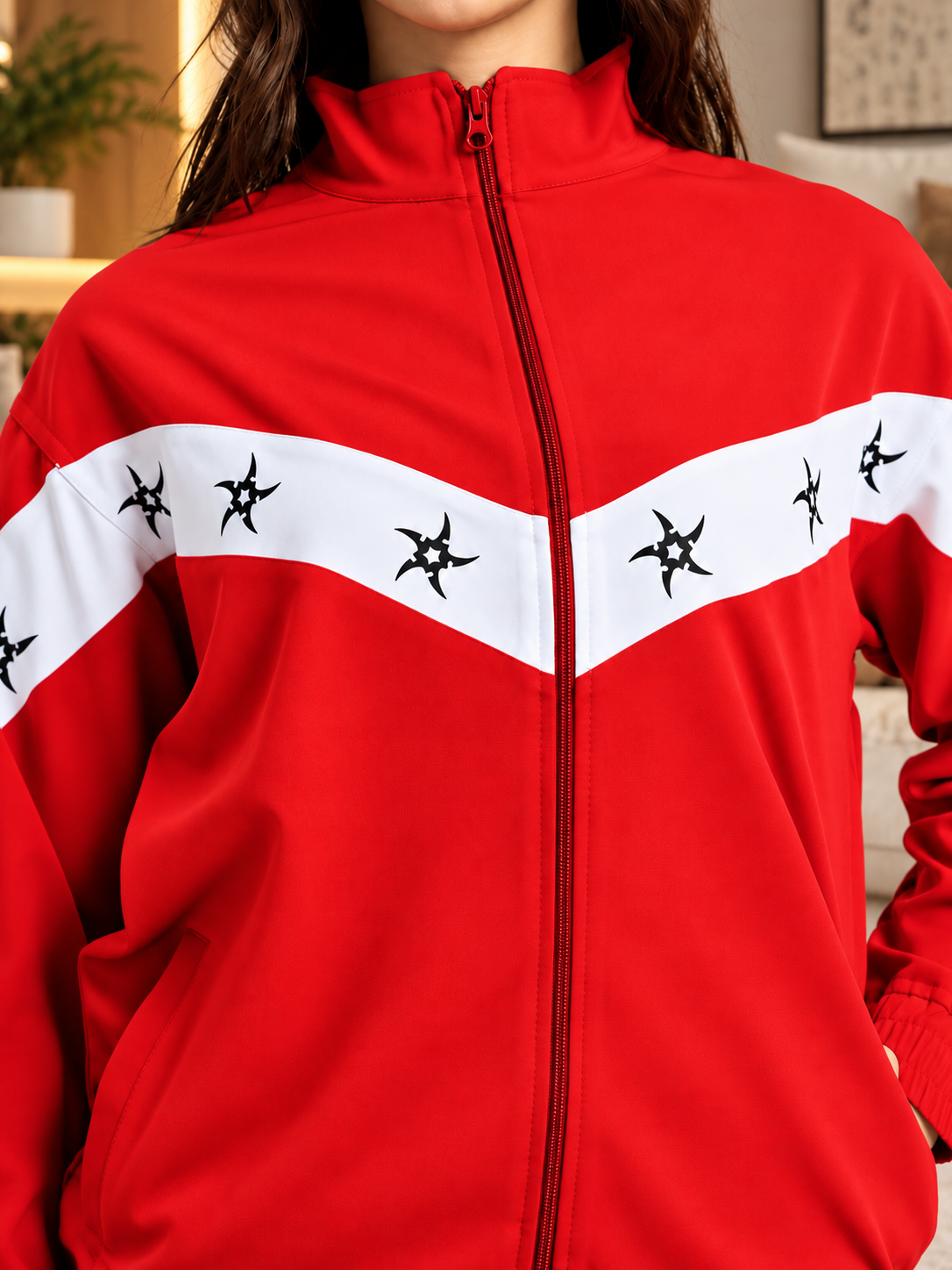 WOMEN MATCHING LOOSE FIT ZIPPER JACKET RED WHITE