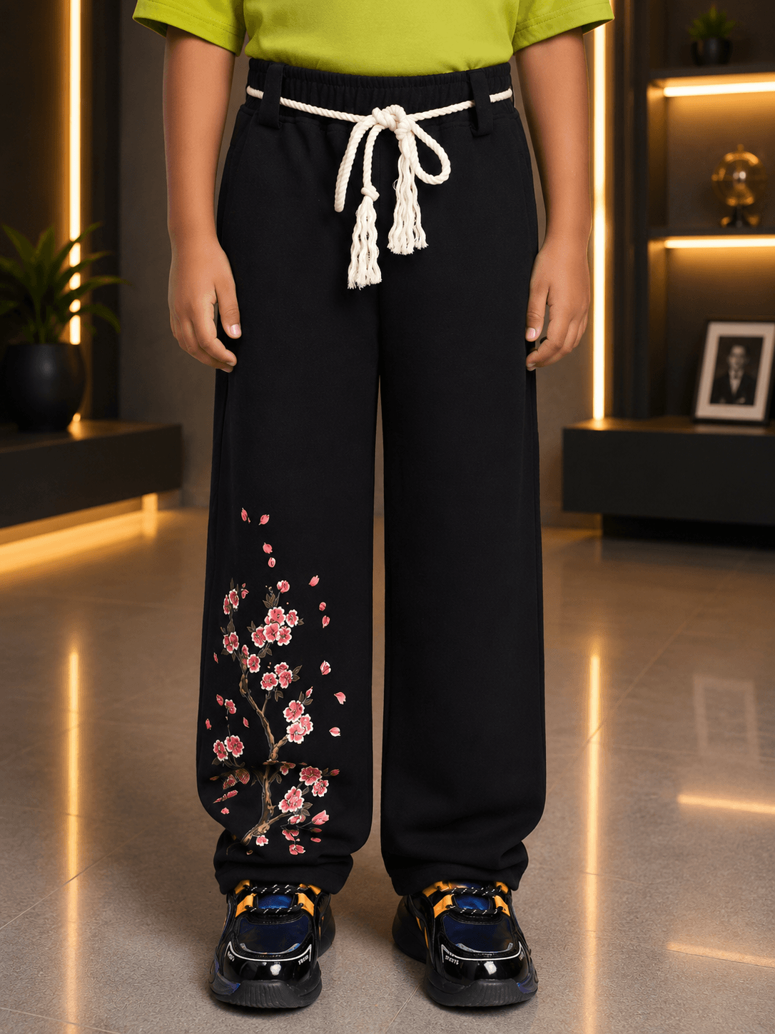 BEAR ON BOARD JOGGER FOR BOYS GIRLS BLACK displayed on a child, showcasing stylish design and floral graphics.