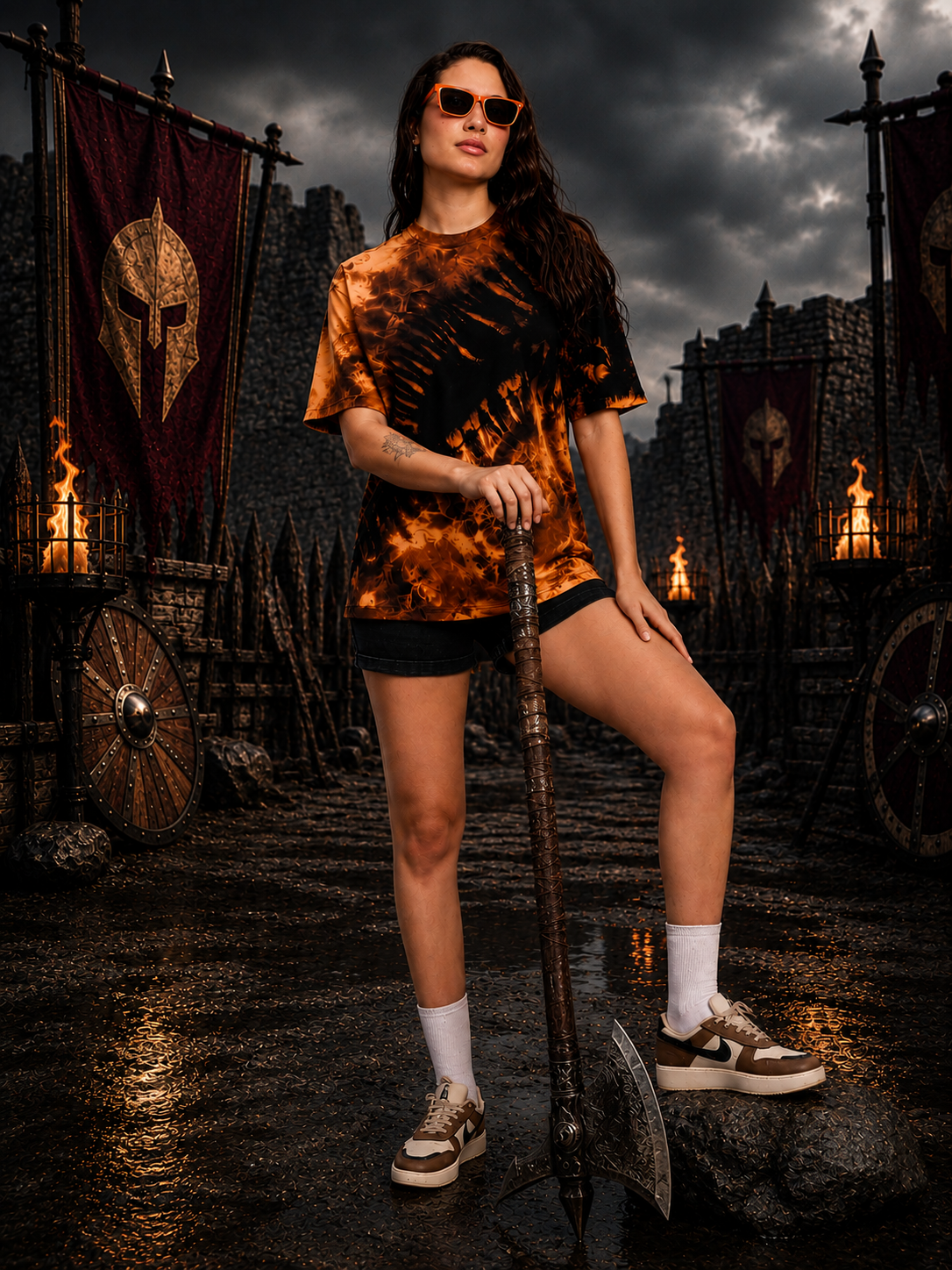 WOMEN SOLAR TIE-DYE T-SHIRT BLACK FIRE ORANGE