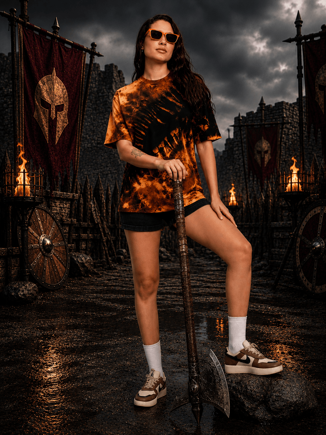 WOMEN SOLAR TIE-DYE T-SHIRT BLACK FIRE ORANGE worn by a model in a dramatic setting, showcasing bold streetwear style.