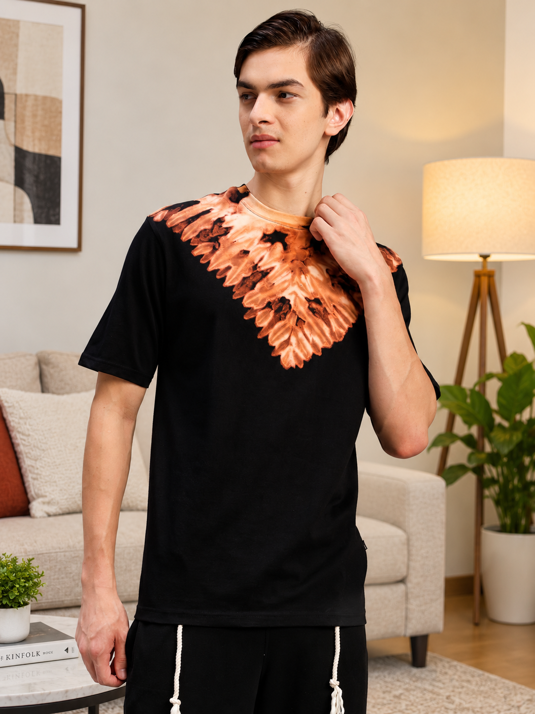 ROUND TIE-DYE NECK T-SHIRT BLACK BROWN