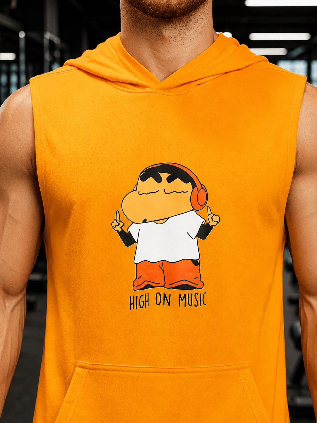 BEAT MODE SLEEVELESS HOODED T-SHIRT WHITE ORANGE featuring a fun cartoon design in vibrant colors.