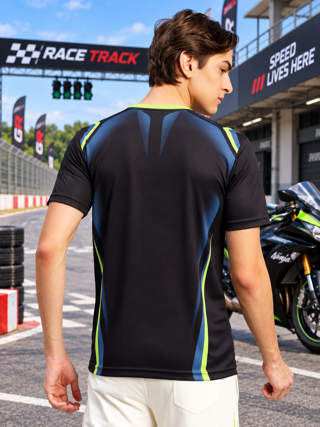 SLEEVE RACING GRAPHIC T-SHIRT BLACK