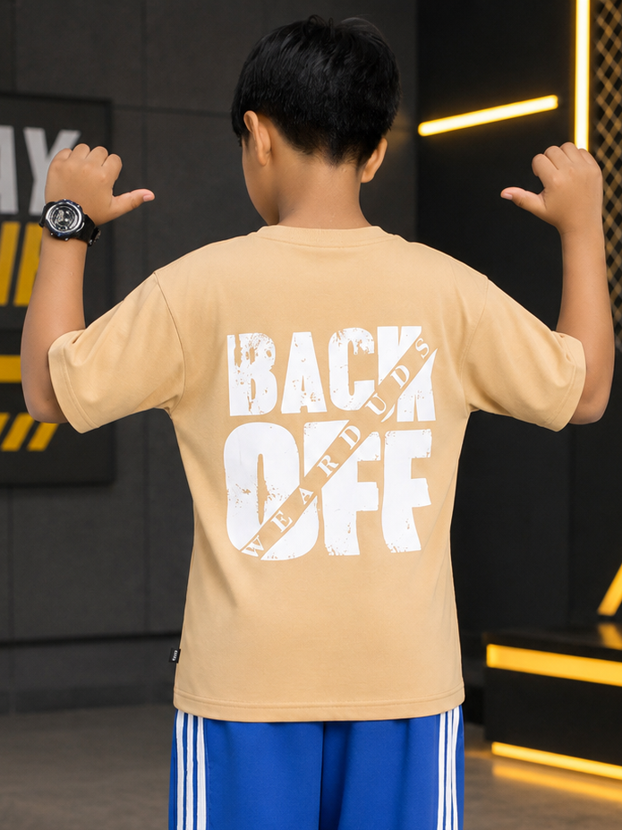 Back view of a young boy wearing NEO STREET DROP T-SHIRT FOR BOYS GIRLS RED BEIGE