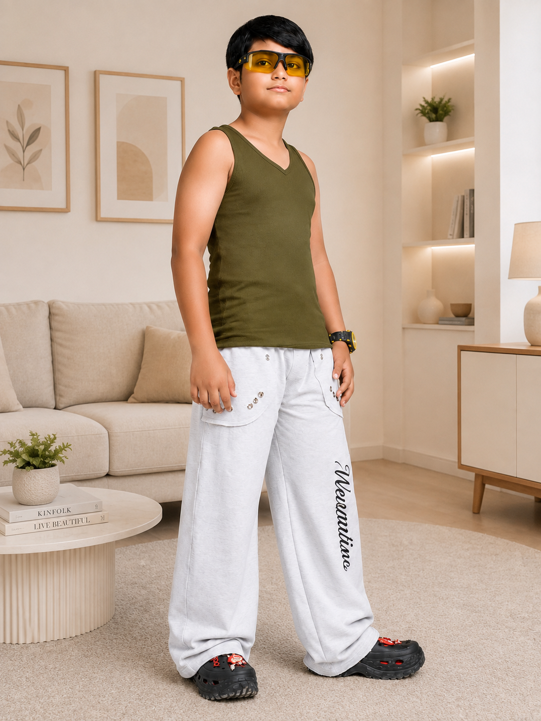 EASY WEAR VEST T-SHIRT FOR BOYS GIRLS OLIVE GREEN