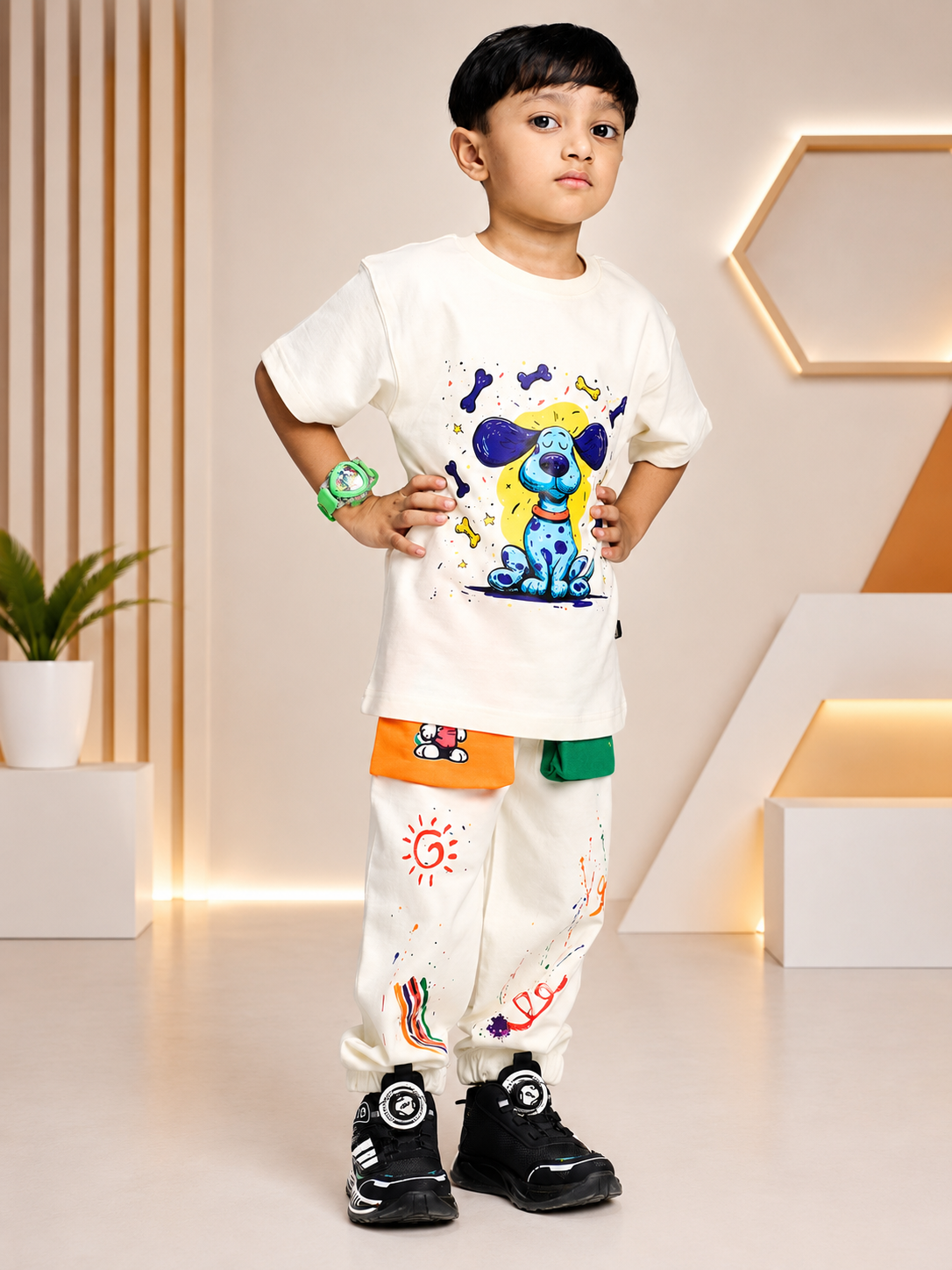 CUTE BLUE PUPPY OVERSIZED T-SHIRT FOR BOYS GIRLS OFF WHITE