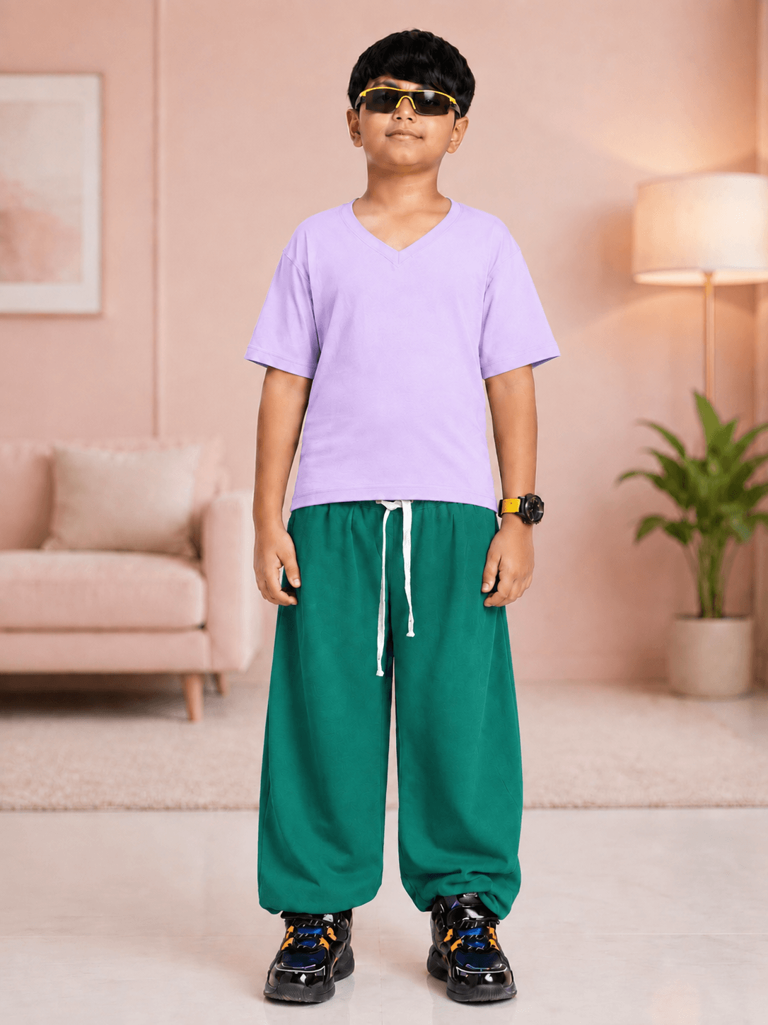 COOLFIT JOGGER FOR BOYS GIRL TEAL GREEN worn by a boy with sunglasses and a purple shirt.