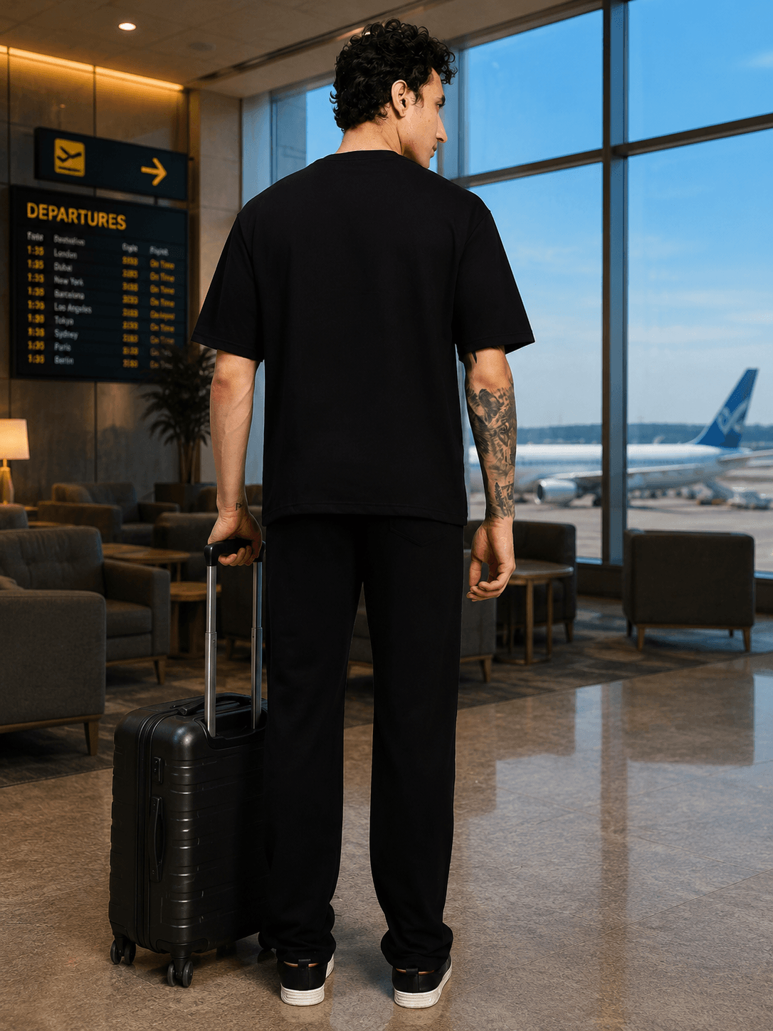 YOUTH CONTREST PIPING CO-ORD SET BLACK worn by a man at the airport, showcasing a stylish travel look with a suitcase.