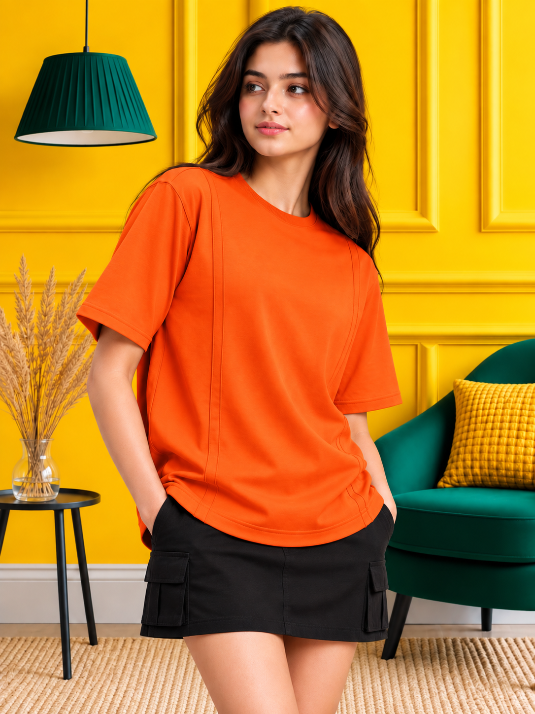 WOMEN PANEL OVERSIZED CREW T-SHIRT ORANGE