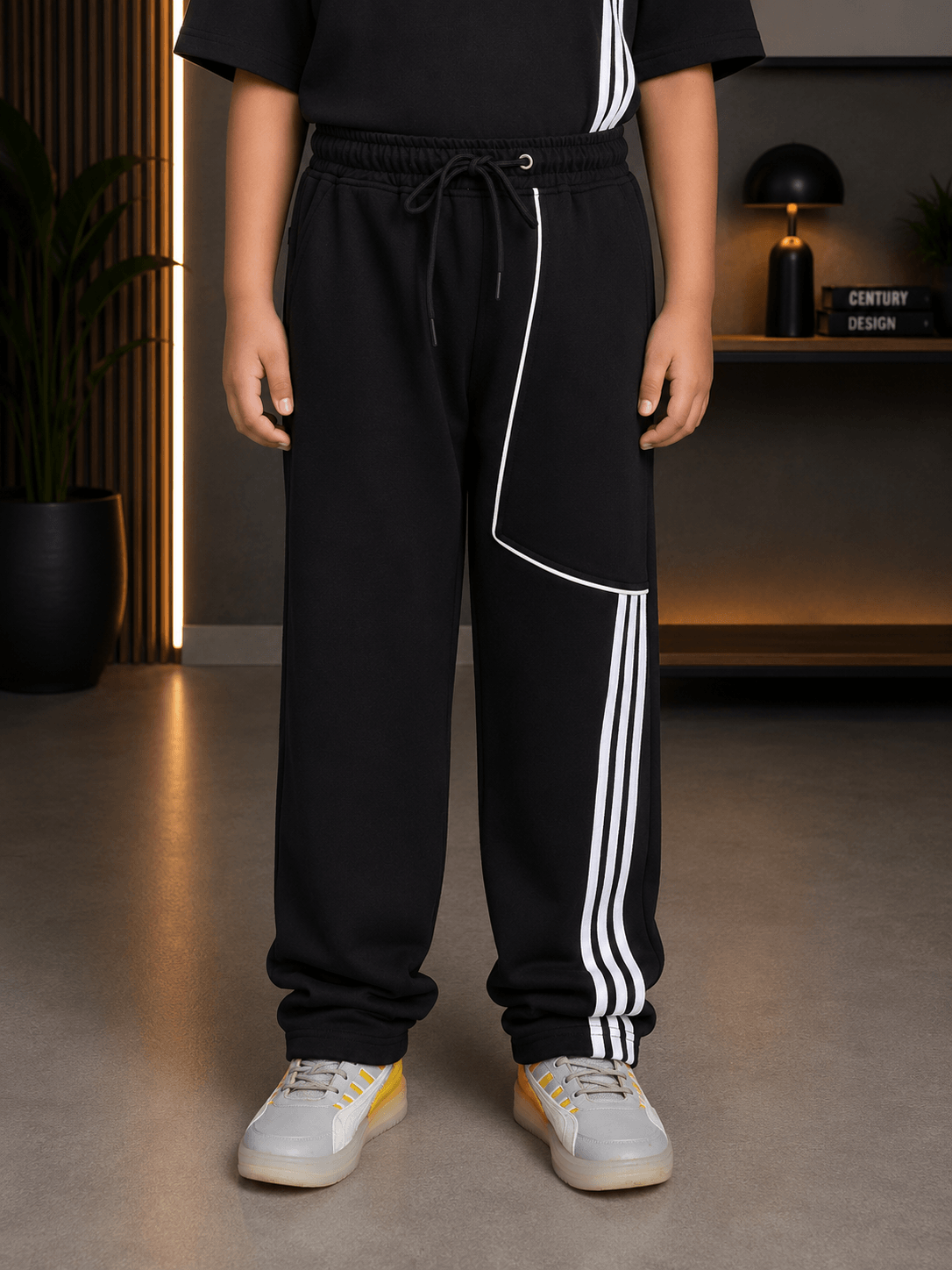 YOUTH CONTREST PIPING JOGGER FOR BOYS GIRLS OLIVE GREEN model wearing black joggers with contrast piping.