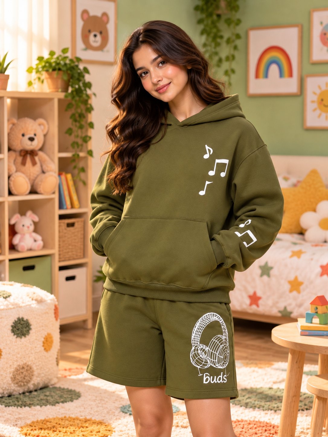 WEARDUDS WOMEN FLEECE MUSIC GRAPHIC C0-SET OLIVE GREEN