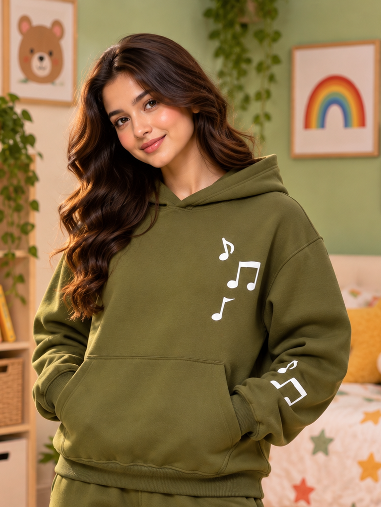 WEARDUDS WOMEN FLEECE MUSIC GRAPHIC HOODIE OLIVE GREEN