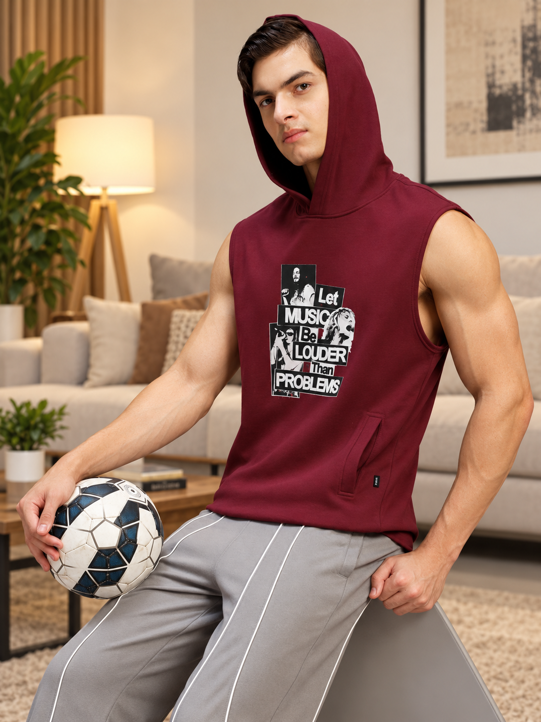 HOODIE SLEEVELESS GRAPHIC PRINT MAROON