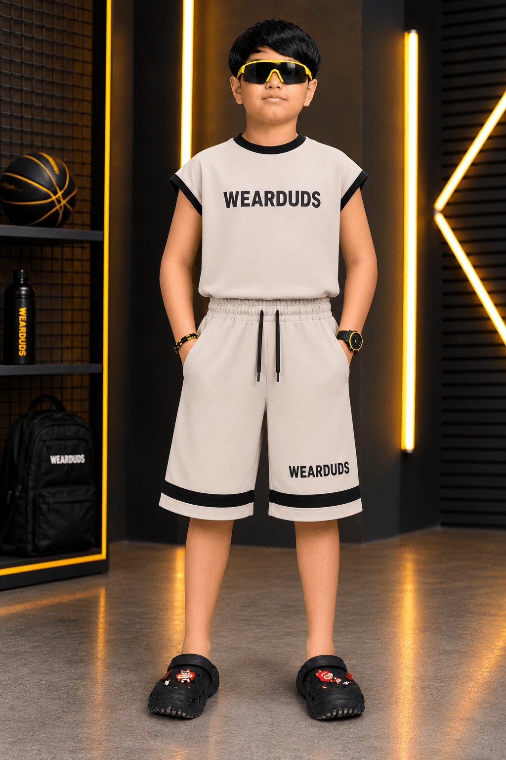 MONO EDGE SLEEVELESS CO-ORD FOR BOYS GIRLS BEIGE modeled by a child wearing sporty apparel with sunglasses.