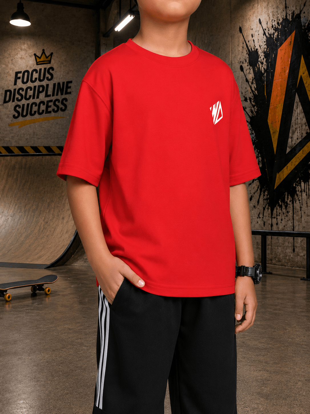 NEO STREET DROP CO-ORD FOR BOYS GIRLS BLACK RED in bold red t-shirt and black pants, styled for urban streetwear.