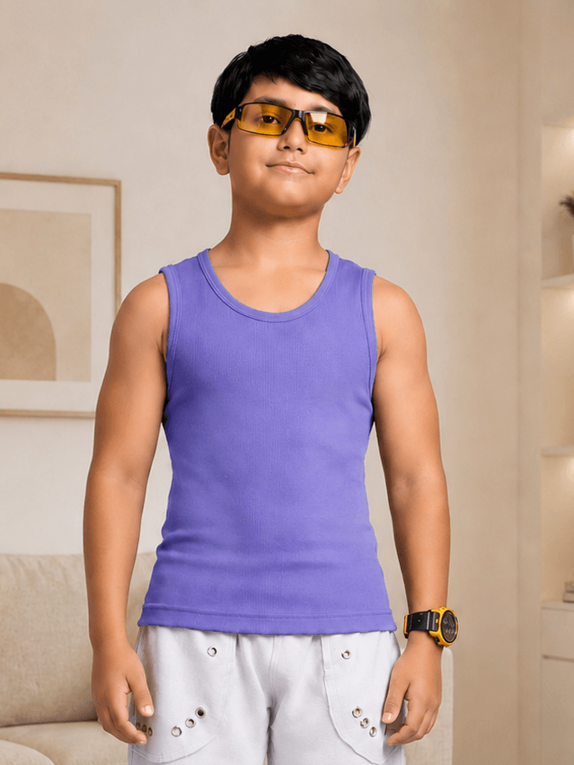 EASY WEAR VEST T-SHIRT FOR BOYS GIRLS PURPLE model wearing purple tank top with sporty sunglasses.