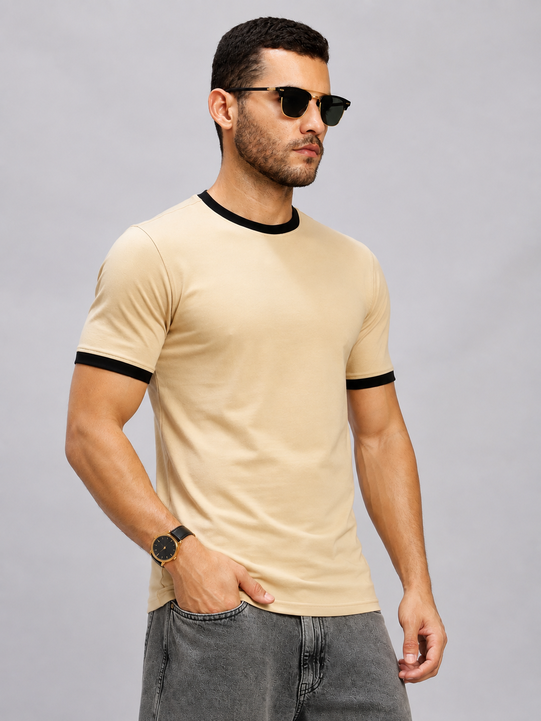 MINIMALIST CONTRAST EDGE T-SHIRT BEIGE