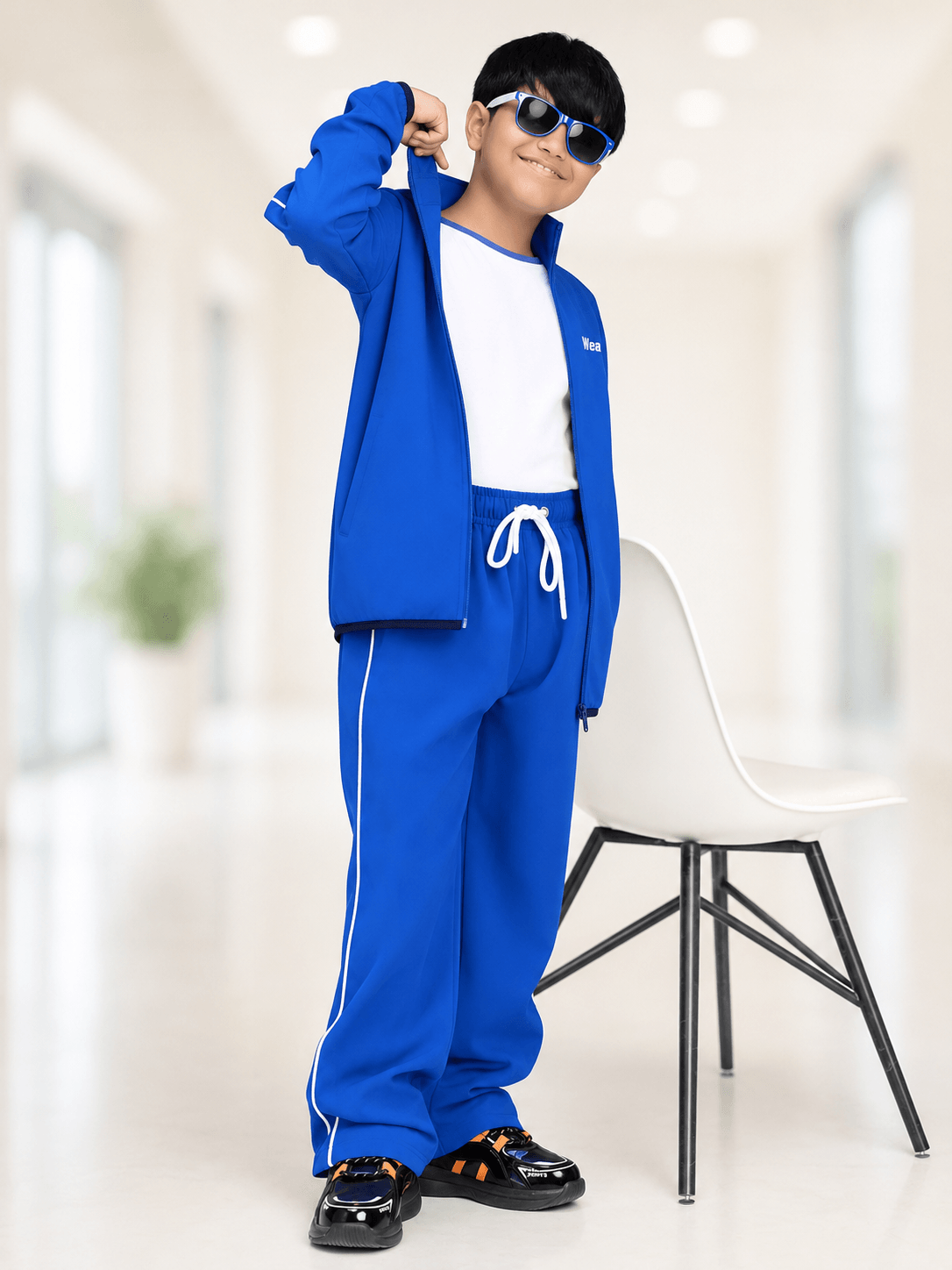 RELIGHT RELAXED FIT CO-ORD SET FOR BOYS GIRLS ROYAL BLUE worn by a stylish boy posing confidently indoors.