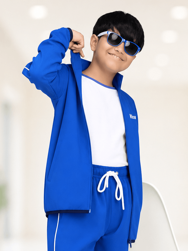 RELIGHT RELAXED FIT JACKET FOR BOYS GIRLS ROYAL BLUE worn by a boy in stylish outfit and sunglasses.