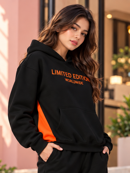 WOMEN WORLDWIDE COTTON FLEECE HOODIE BLACK