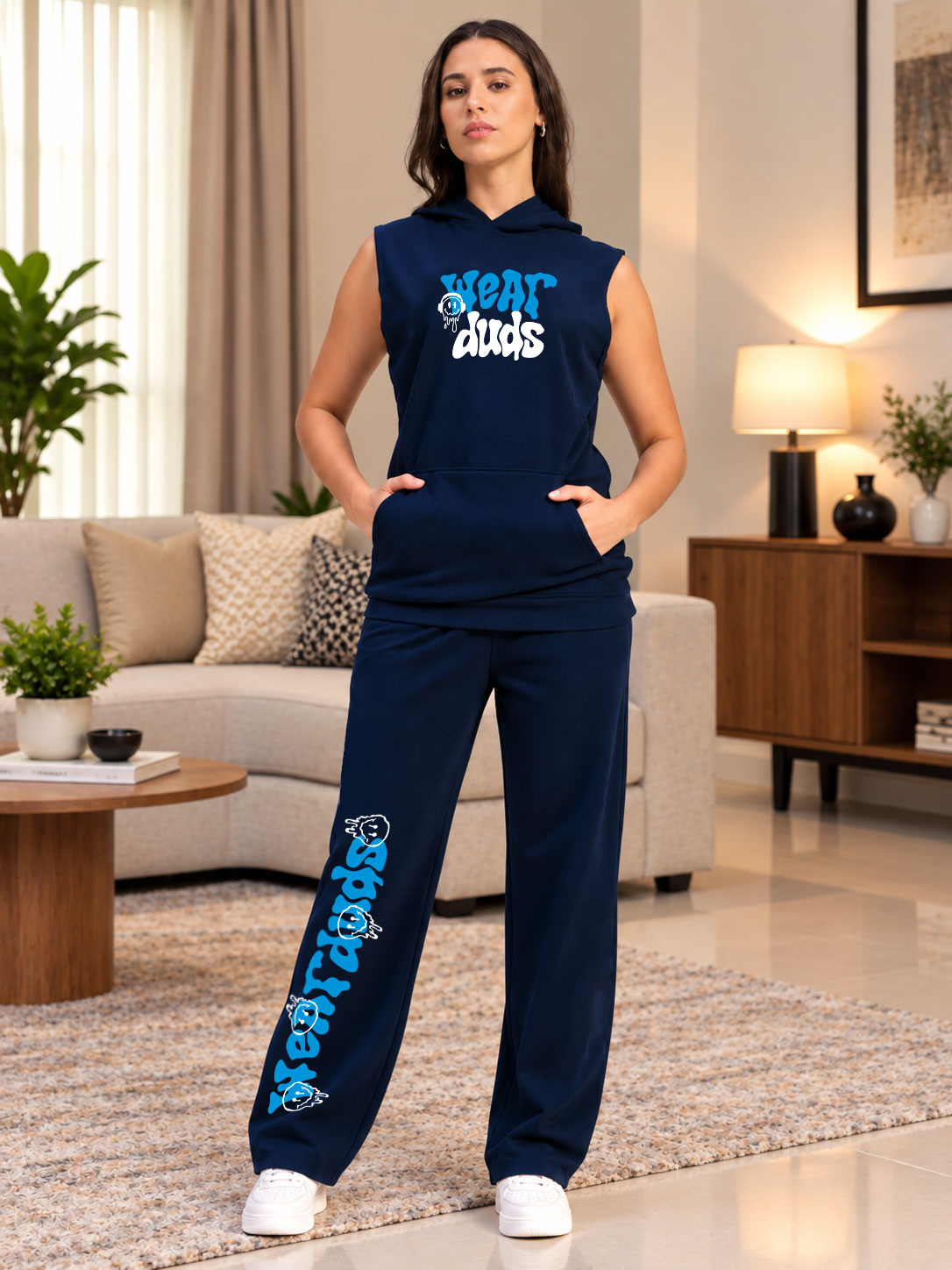 WOMEN LOUNGEWEAR SLEEVELESS HOODED CO-ORD NAVY BLUE