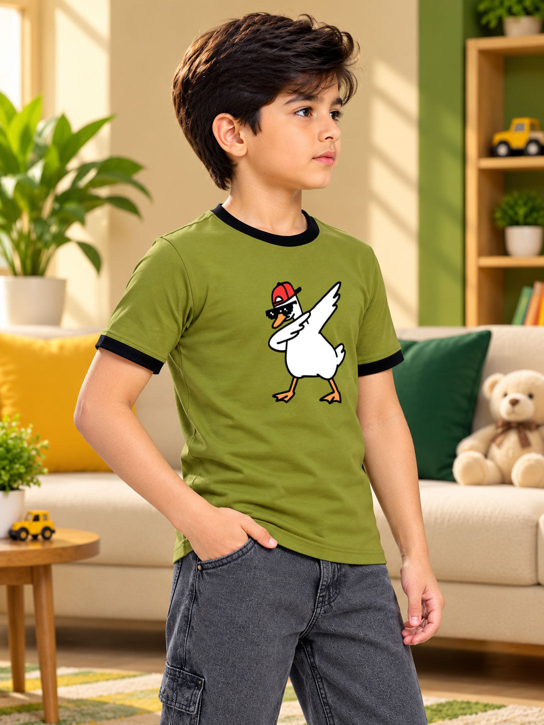 DUCK RINGER REGULAR FIT T-SHIRT FOR BOYS GIRLS OLIVE GREEN