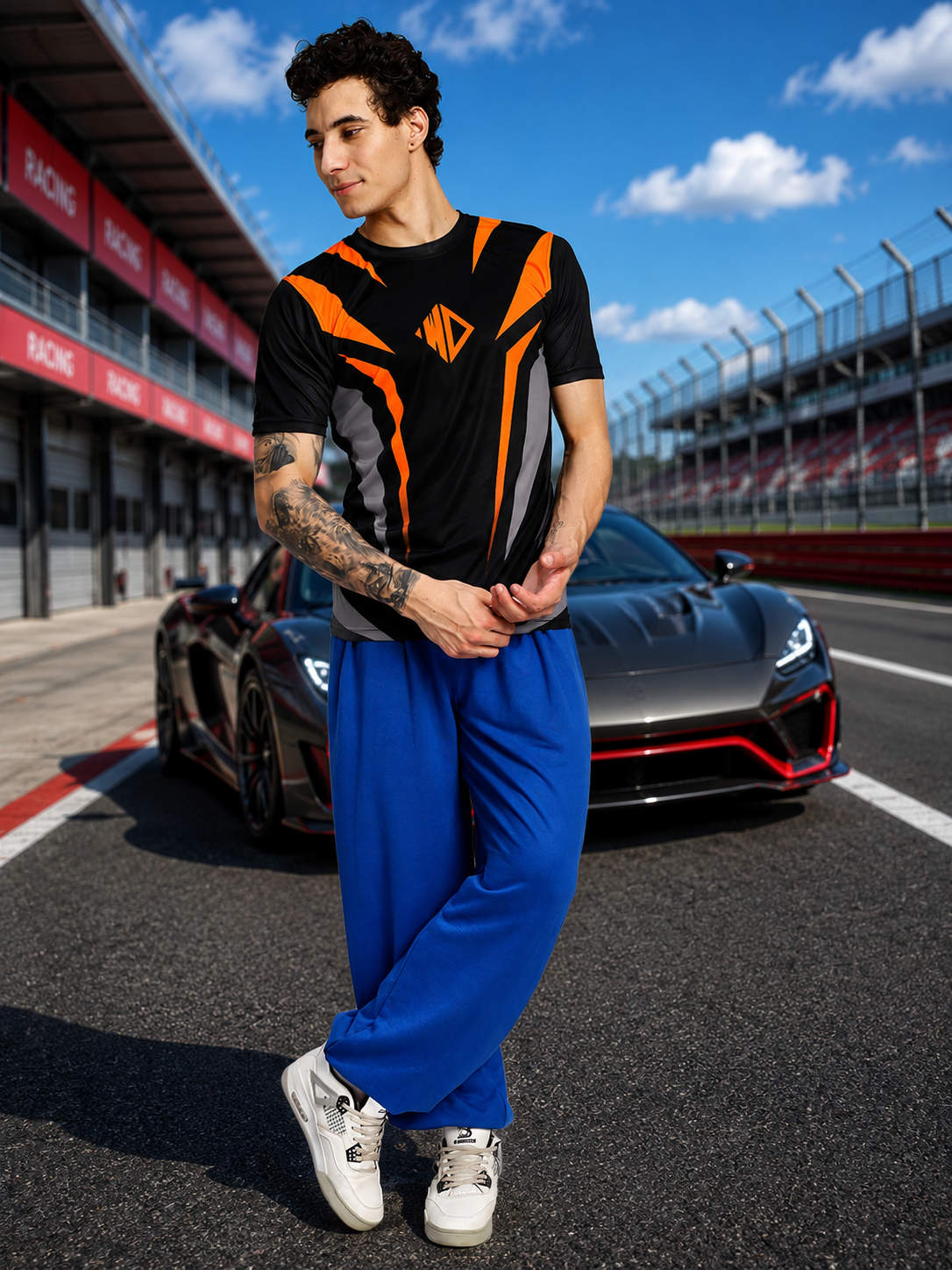 Athlete wearing NITRO SHIFT ATHLETIC T-SHIRT BLACK with orange design, standing beside a sports car on a racing track.