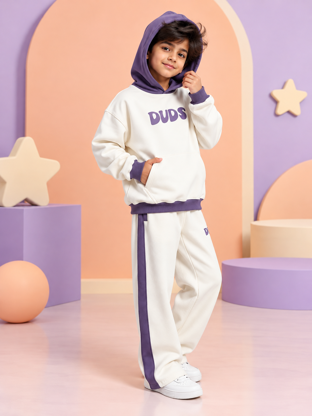 SELF LOVE FLEECE OVERSIZED CO-ORD FOR KIDS WHITE VIOLET