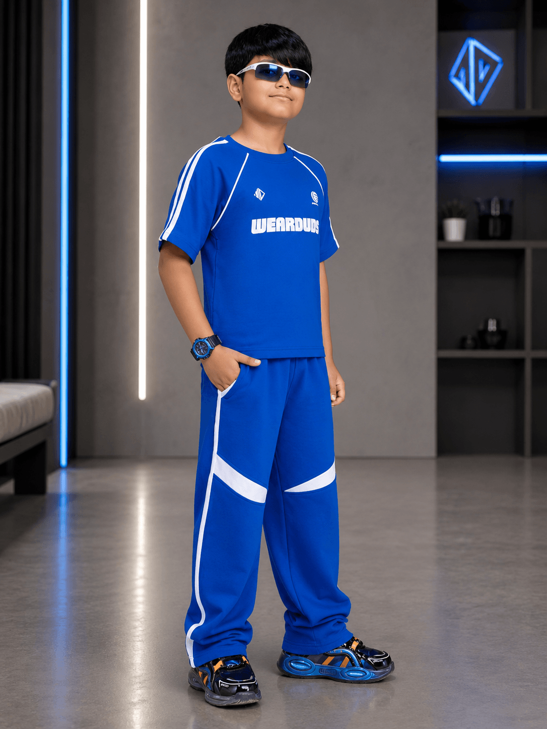 KIDS ROSTER T-SHIRT BOYS GIRLS BLUE worn by a boy in casual outfit with blue pants and sunglasses.