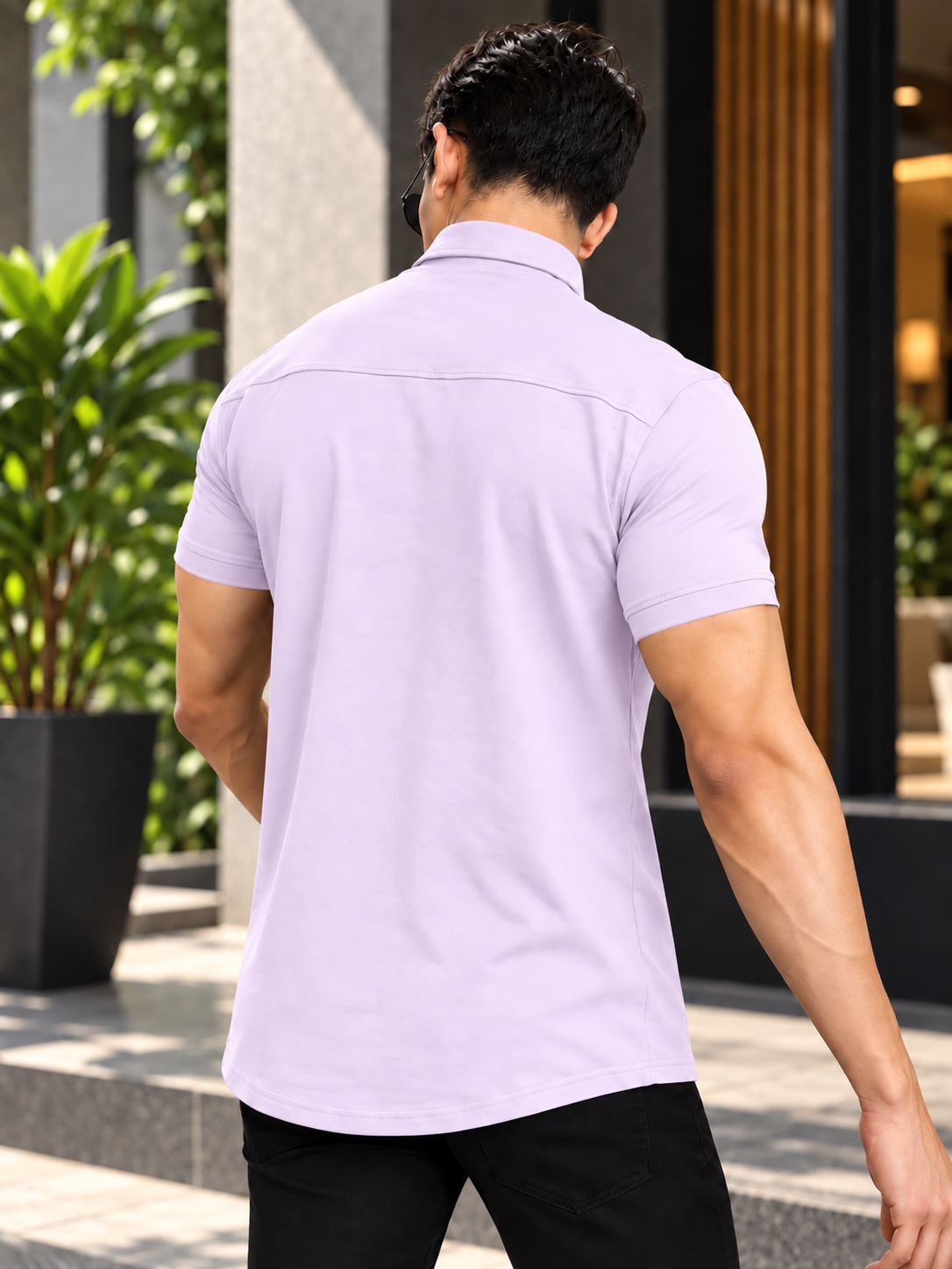 NOIR LILAC WRINKLE FREE COTTON HALF SLEEVE SHIRT
