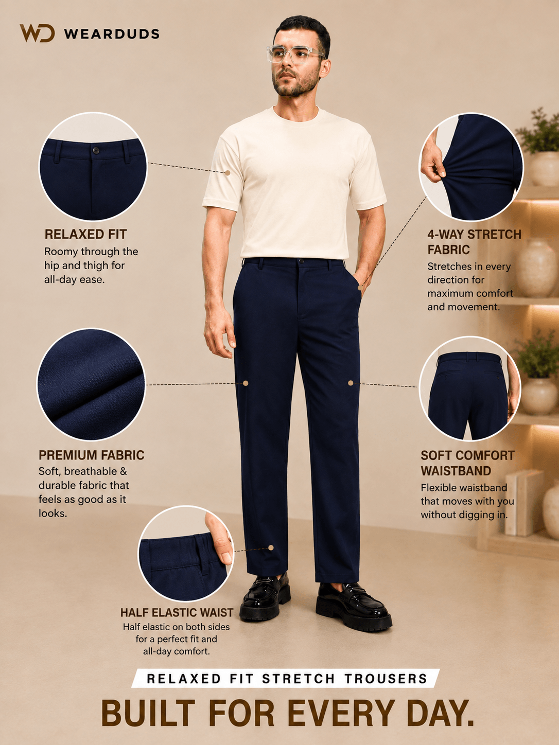 Relaxed Fit Stretch Trousers with 4-way stretch fabric and elastic waist for ultimate comfort and ease.