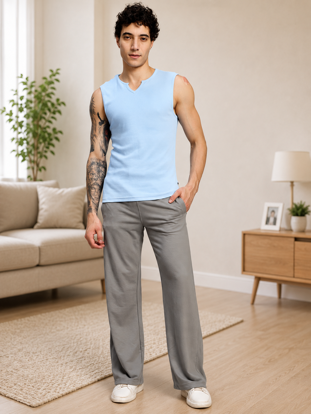 A model wearing OMEGA FLOW WIDE FIT JOGGERS GREY paired with a light blue sleeveless top in a modern living room.