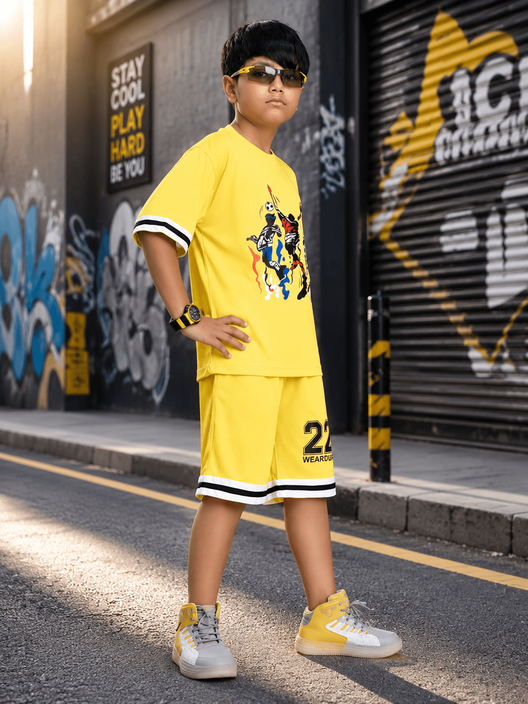 THE STREET CO-ORD SET FOR BOYS GIRLS YELLOW worn by a boy in a vibrant urban setting.