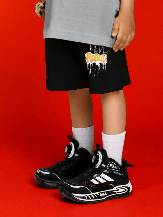 ROBLOX WORLD FIT SHORTS FOR BOYS GIRLS BLACK worn by a child, showcasing stylish design with gaming-inspired vibe.