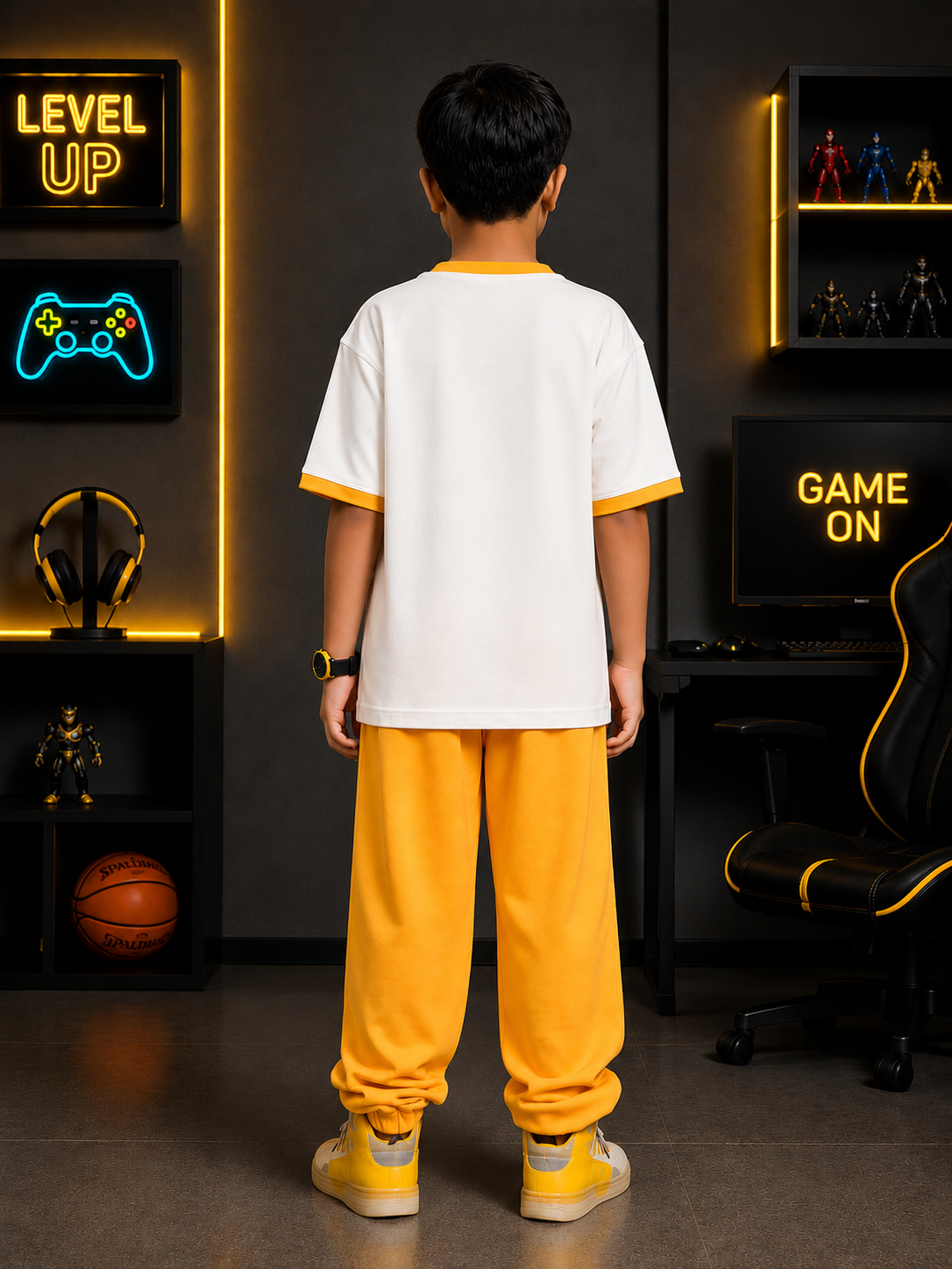 EMOJI VIBES CO-ORD FOR BOYS & GIRLS WHITE-YELLOW shown on a child from the back in a stylish gaming room.