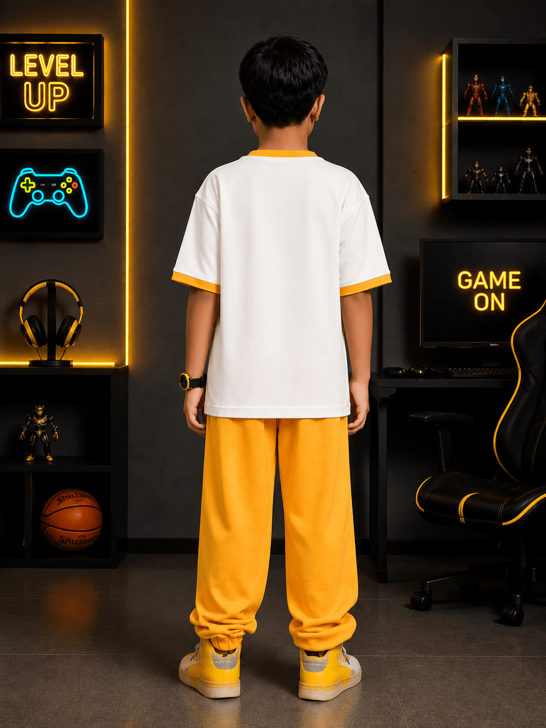 EMOJI VIBES CO-ORD FOR BOYS GIRLS WHITE YELLOW worn by a child showcasing a playful and trendy outfit from the back.