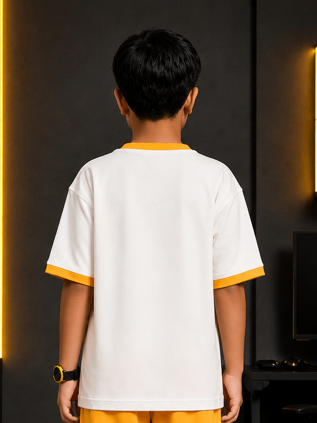 Back view of a child wearing a white EMOJI VIBES T-SHIRT FOR BOYS GIRL WHITE with yellow sleeves.