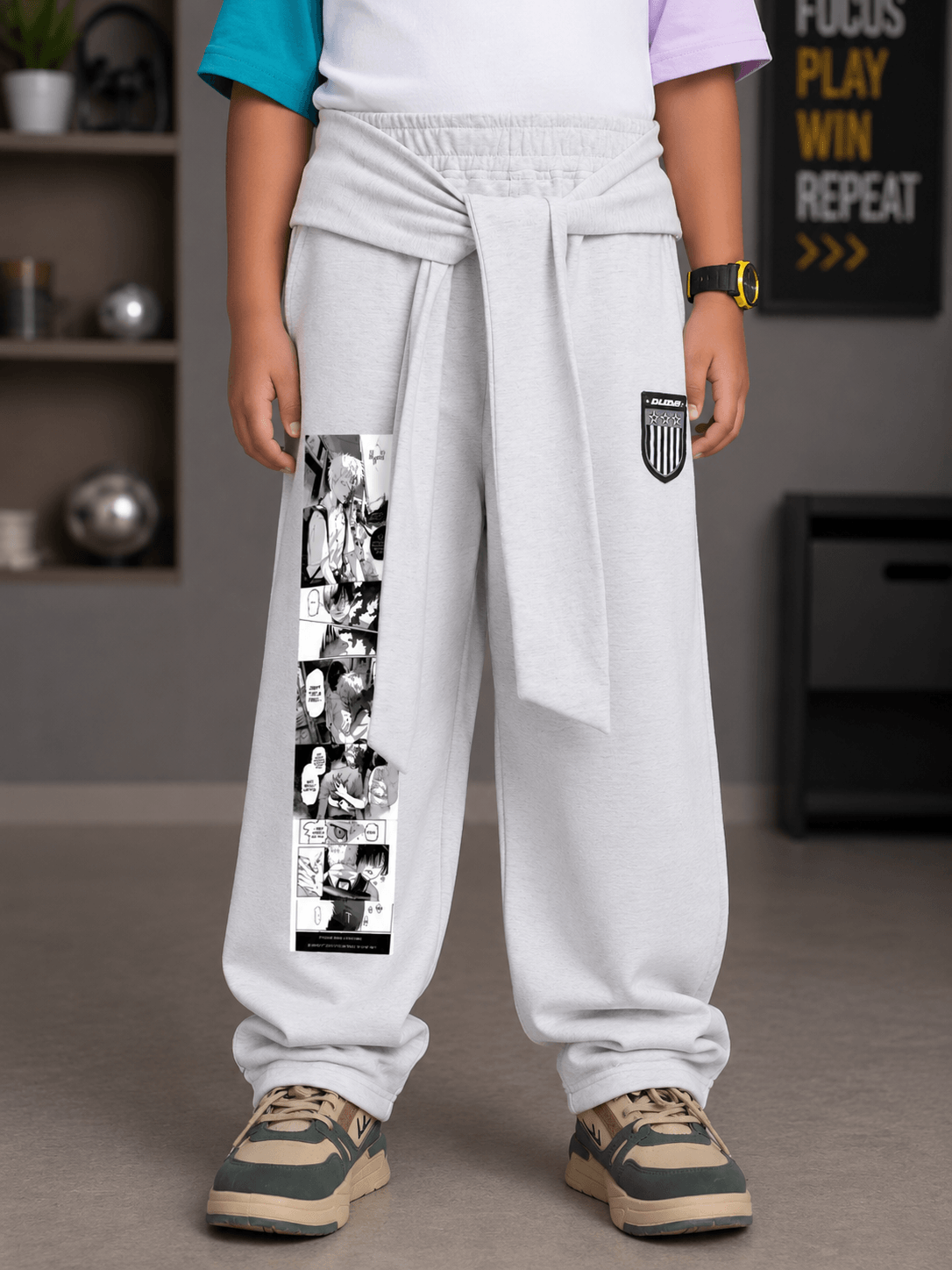CHILL JOGGER FOR BOYS GIRLS WHITE stylish joggers on kids, featuring a relaxed fit and unique graphic design.
