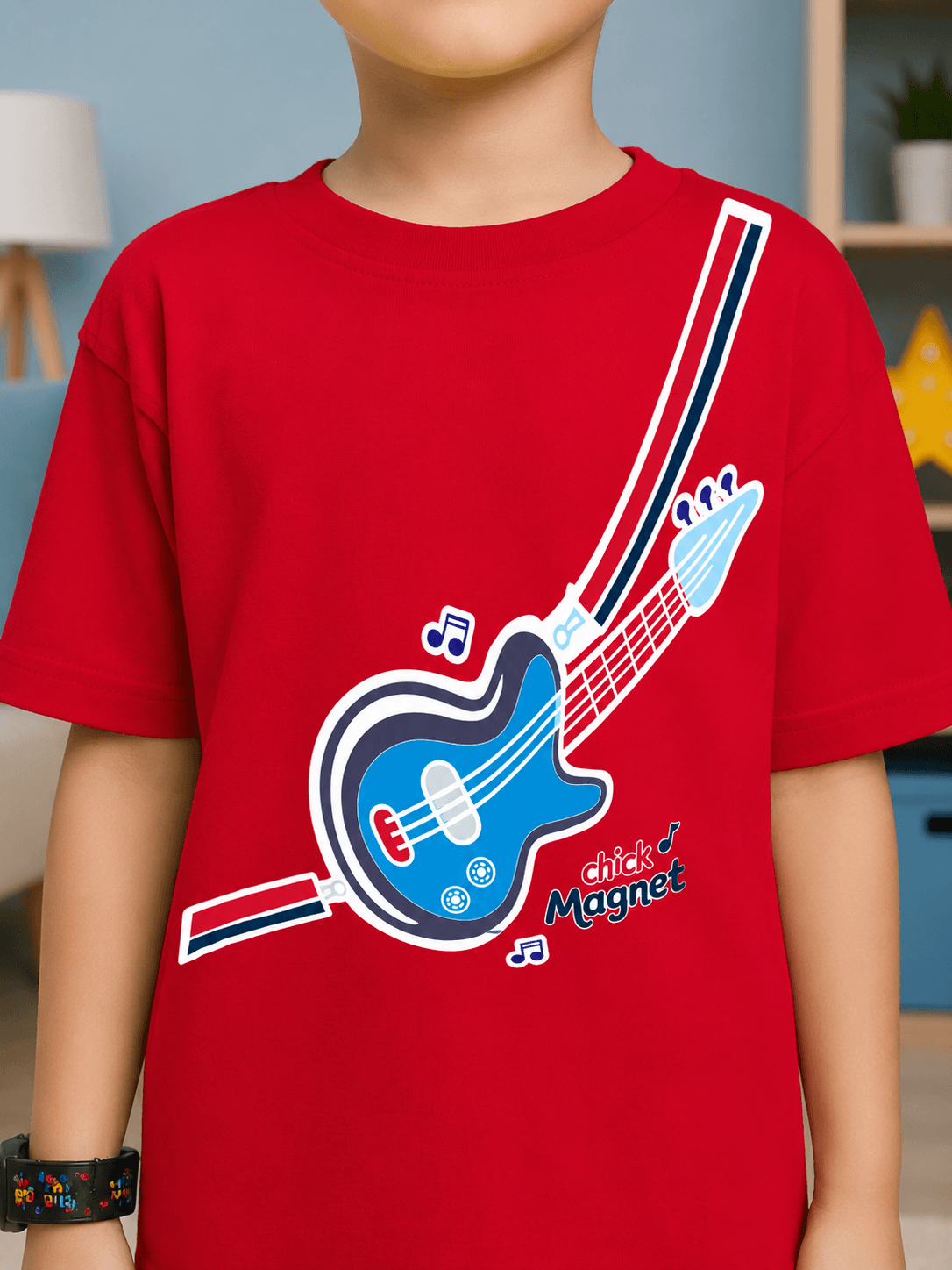 LITTLE ROCKSTAR CO-ORD FOR BOYS & GIRLS RED BLACK featuring a vibrant red t-shirt with a guitar graphic.