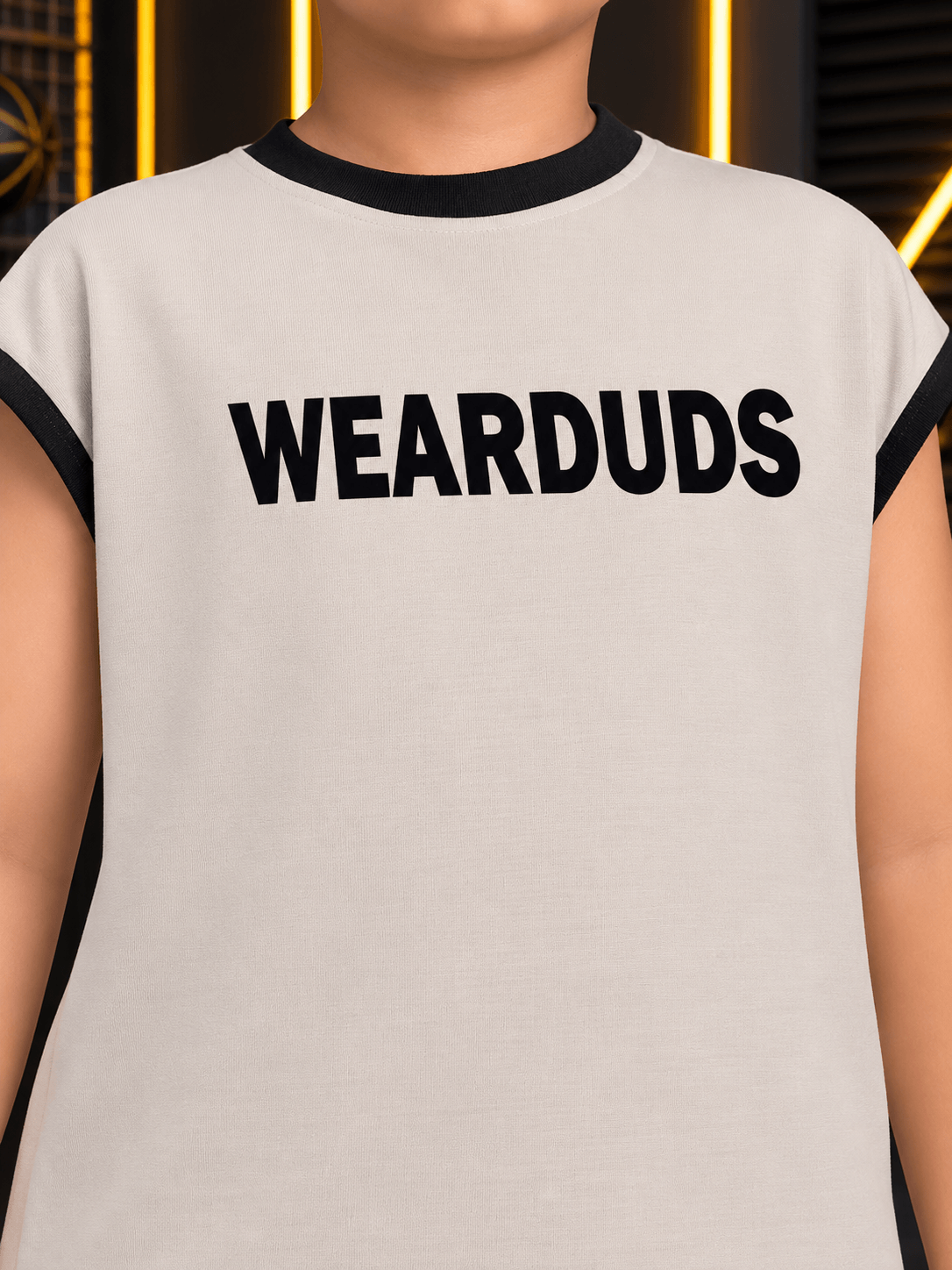 MONO EDGE SLEEVELESS CO-ORD FOR BOYS GIRLS BEIGE worn by a child, featuring WEARDUDS text on a beige background.
