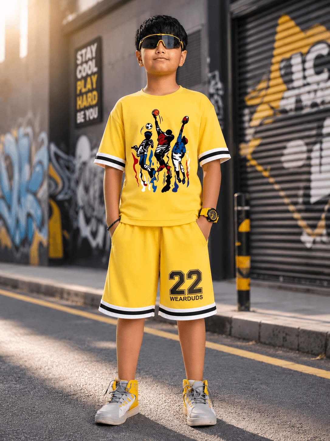 A child wearing THE STREET SHORTS FOR BOYS GIRLS YELLOW, styled with a vibrant graphic tee and trendy shades.