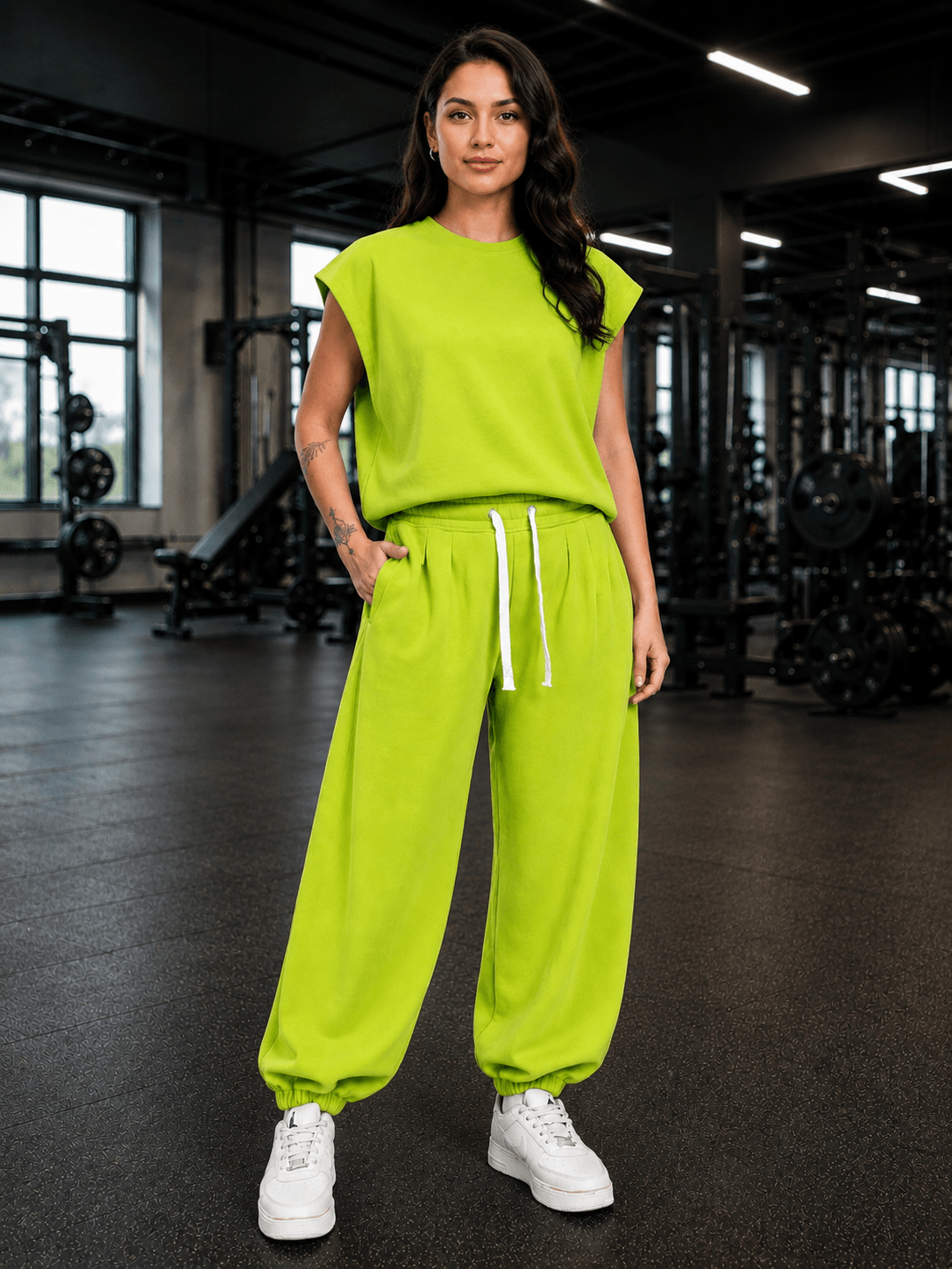 Women Coolfit Baggy Loose Fit Jogger Neon Green worn by a model in a gym setting.