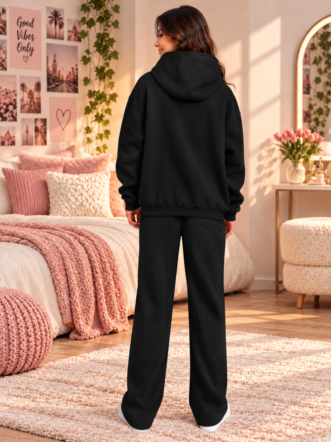 WOMEN SHOOTER COTTON FLEECE CO-ORD BLACK