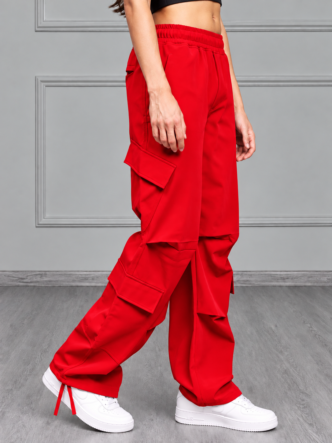 WOMEN TACTICAL FIT MULTI POCKET CARGO PANTS RED