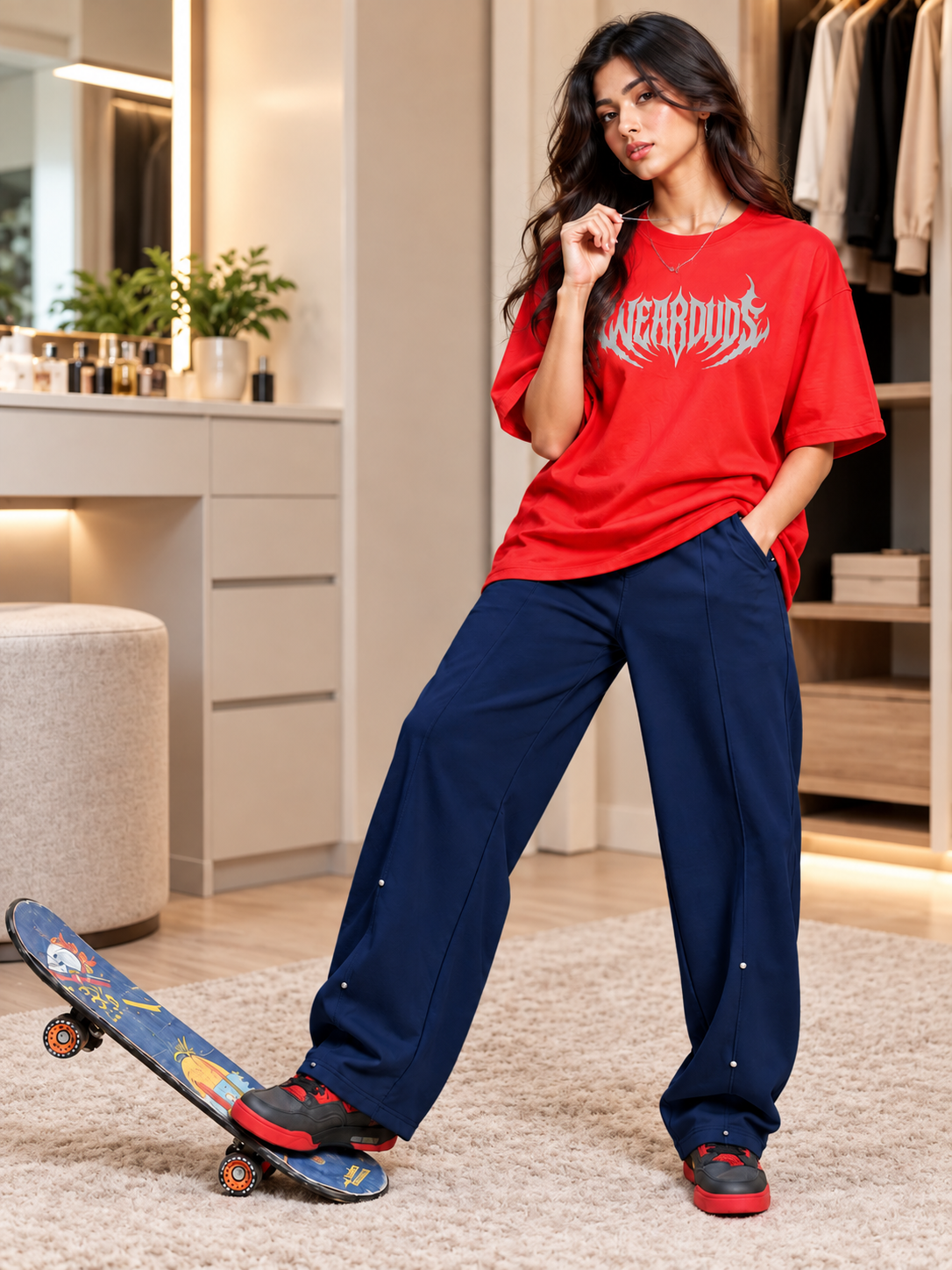 WOMEN METALLIC HARDWARE ACCENT JOGGERS NAVY BLUE