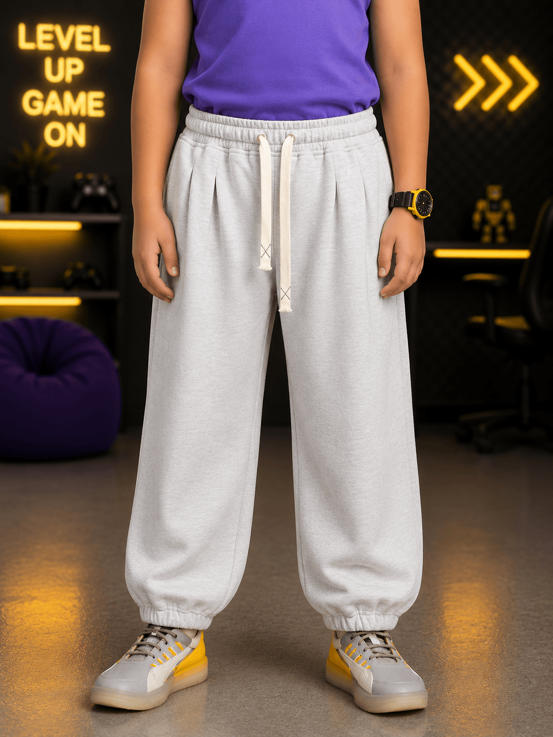 LEVELUP GAMER CO-ORD FOR BOYS GIRLS PURPLE WHITE outfit featuring stylish grey sweatpants and purple T-shirt for kids.